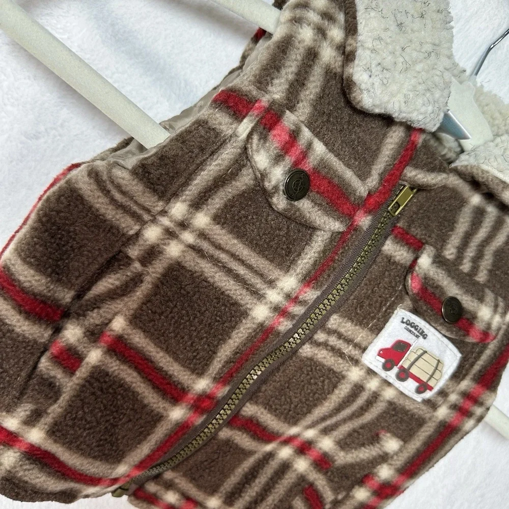 Kids Play 12M Plaid‎ Fleece Vest Brown Red Logging Truck Patch Lumberjack